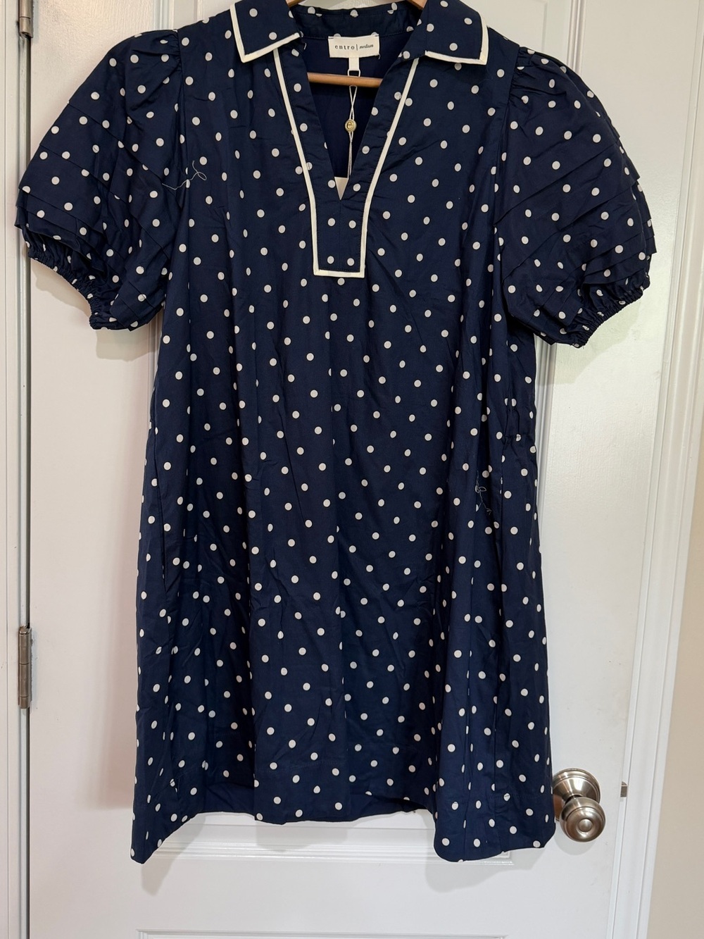 Polka Dot Navy Dress with Puff Sleeves